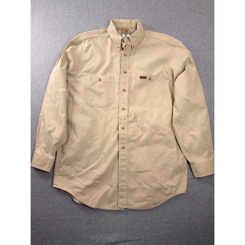 Carhartt Mens S12STN Tan Cotton Canvas Button Down Work Shirt Medium Regular